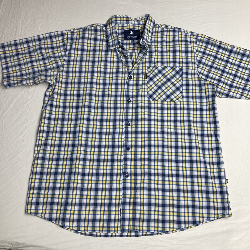 Rocawear Classic Men's 2X Short Sleeve Casual Button Up Shirt Blue Yellow Plaid